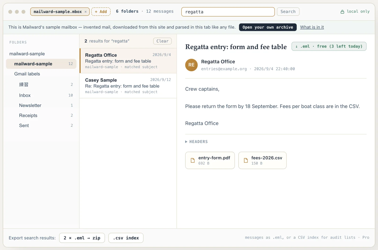 Searching the sample mailbox for “regatta”: 2 results, each marked “matched subject”, above the bar that exports search results.